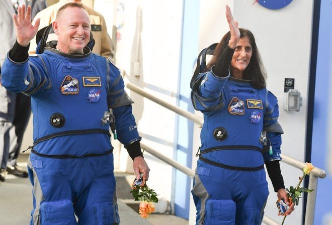 NASA astronauts Suni Williams and Butch Wilmore say goodbye to friends and family as they leave the astronaut crew quarters on their way to the launch pad on Wednesday, June 5, 2024.